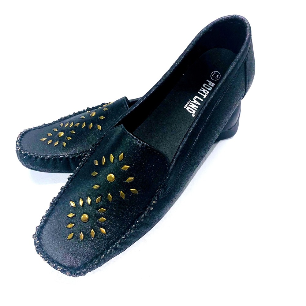 PORT LAND Womens Black Faux Leather‎ Studded Square Toe Loafer Flats Size 7.5